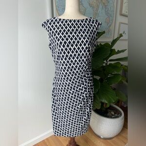 Lauren Ralph Lauren Navy Blue White Leaf Geometric Print Ruched Wiggle Dress